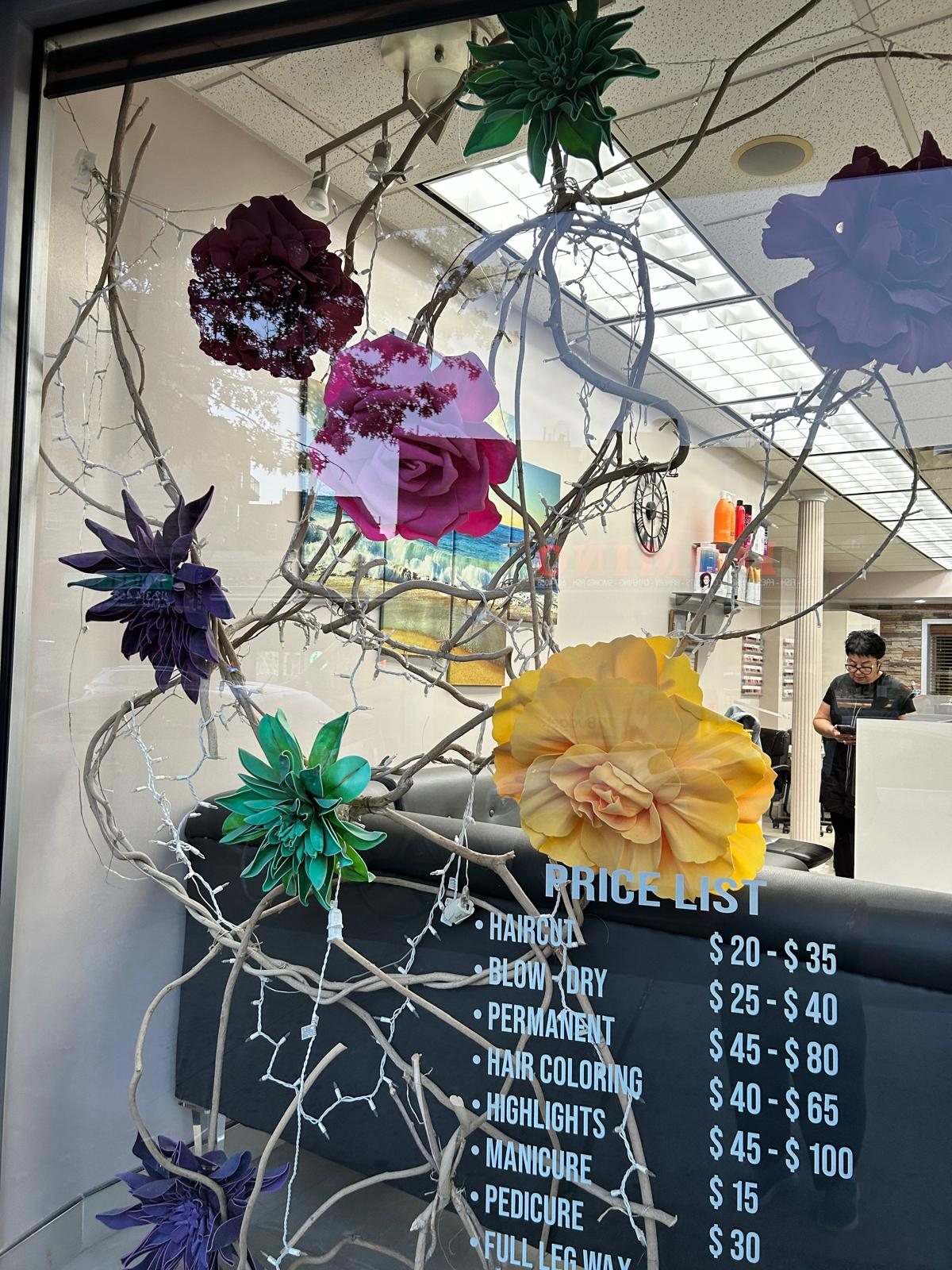 Paper flower branches decorating a shop window
