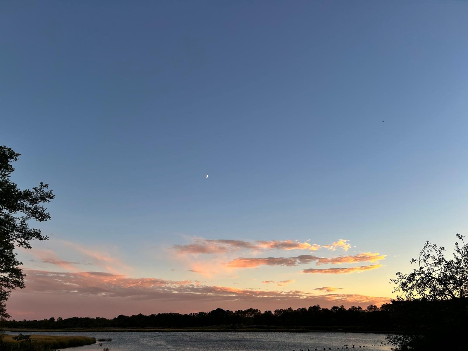 Pink and gold sunset clouds with a crescent moon over the creek at Marine Park