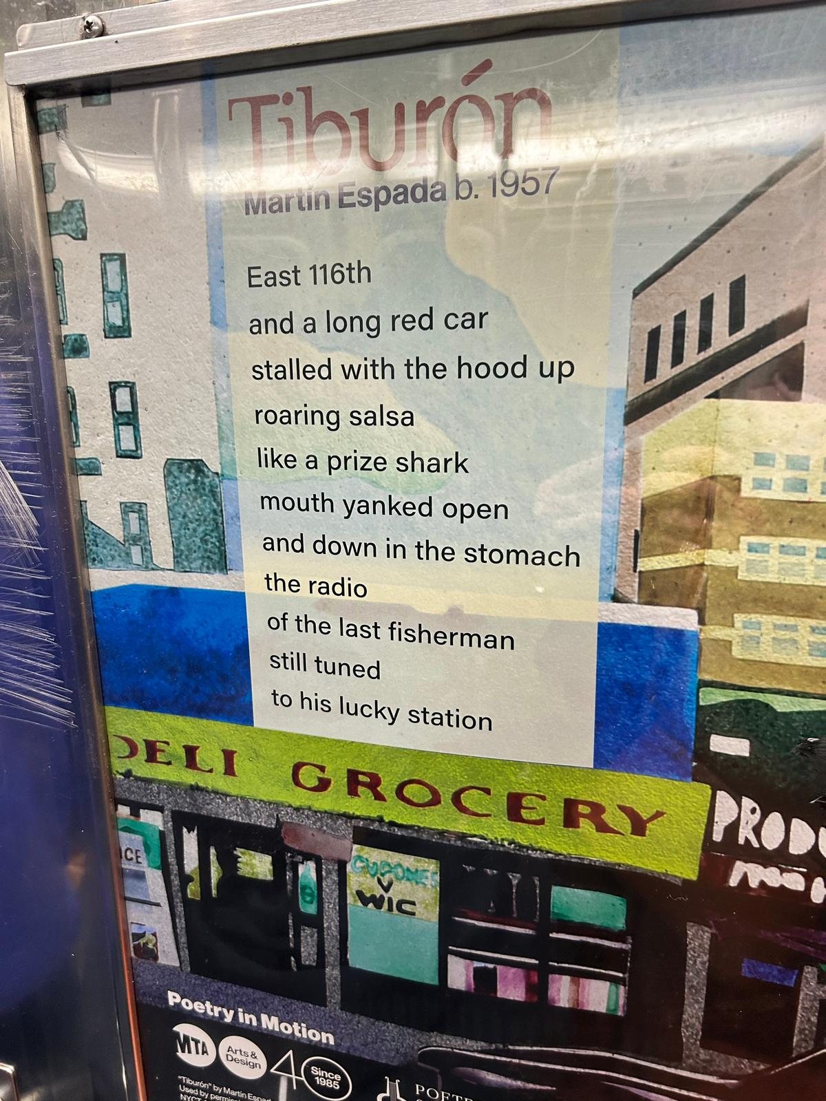 Poetry in Motion poster of the poem Tiburón by Martín Espada on the subway