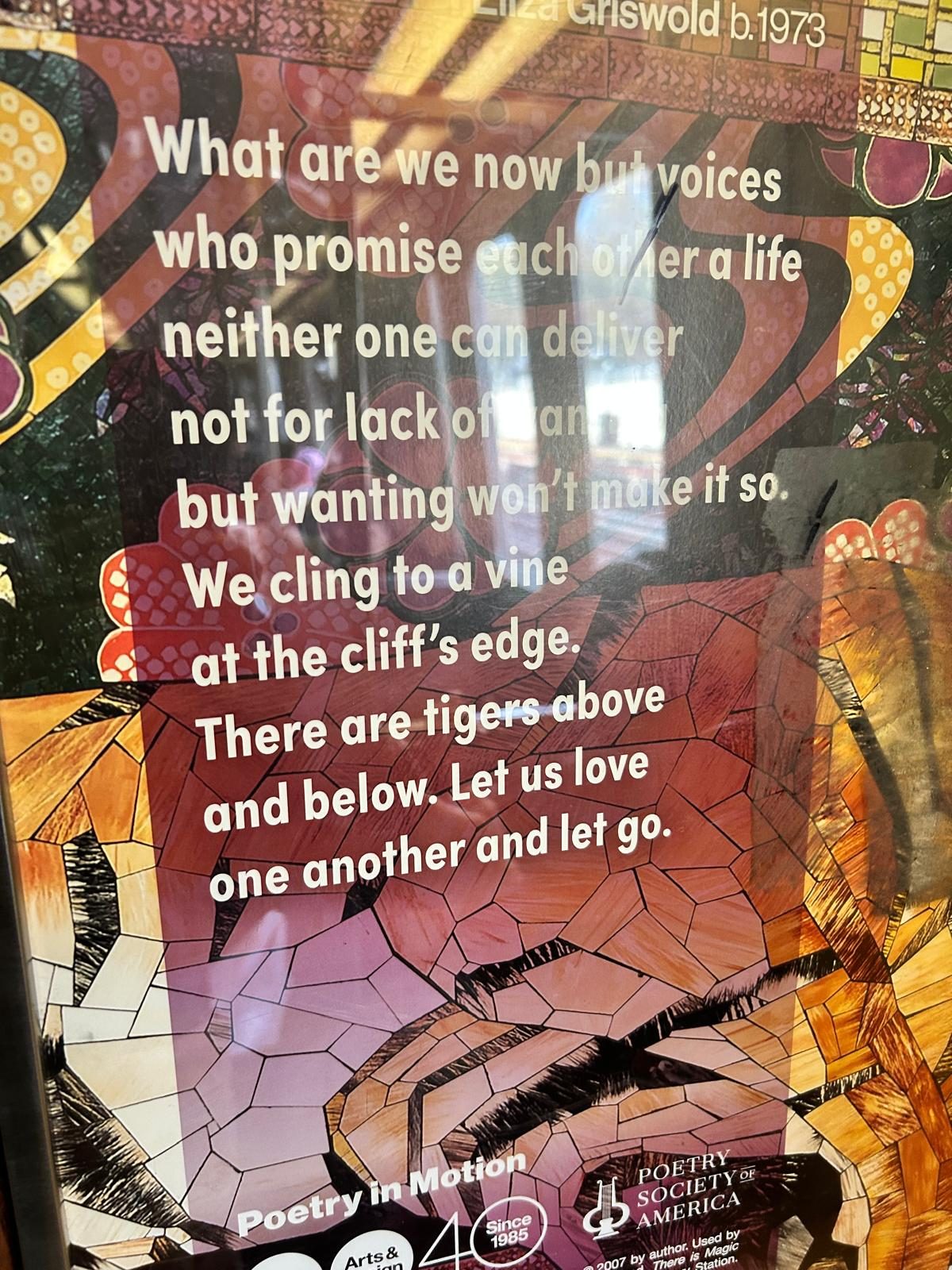 Poetry in Motion poster with the Tigers poem by Eliza Griswold on the Q train